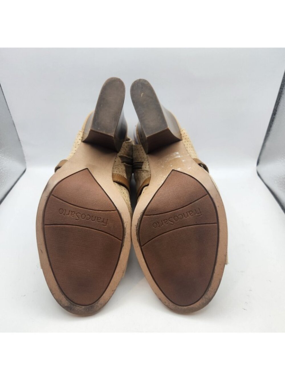 Franco Sarto Brown Leather Upper Peep Toe Strappy Buckle Cuban Heel Siz 9 M USED - Picture 6 of 10